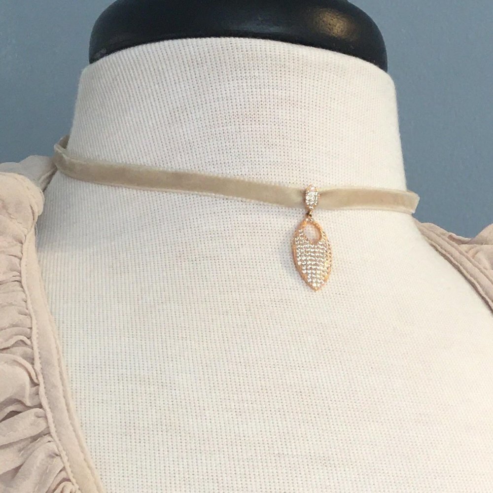 Choker Necklace Rose Gold CZ Velvet Ribbon - Picture 3 of 5